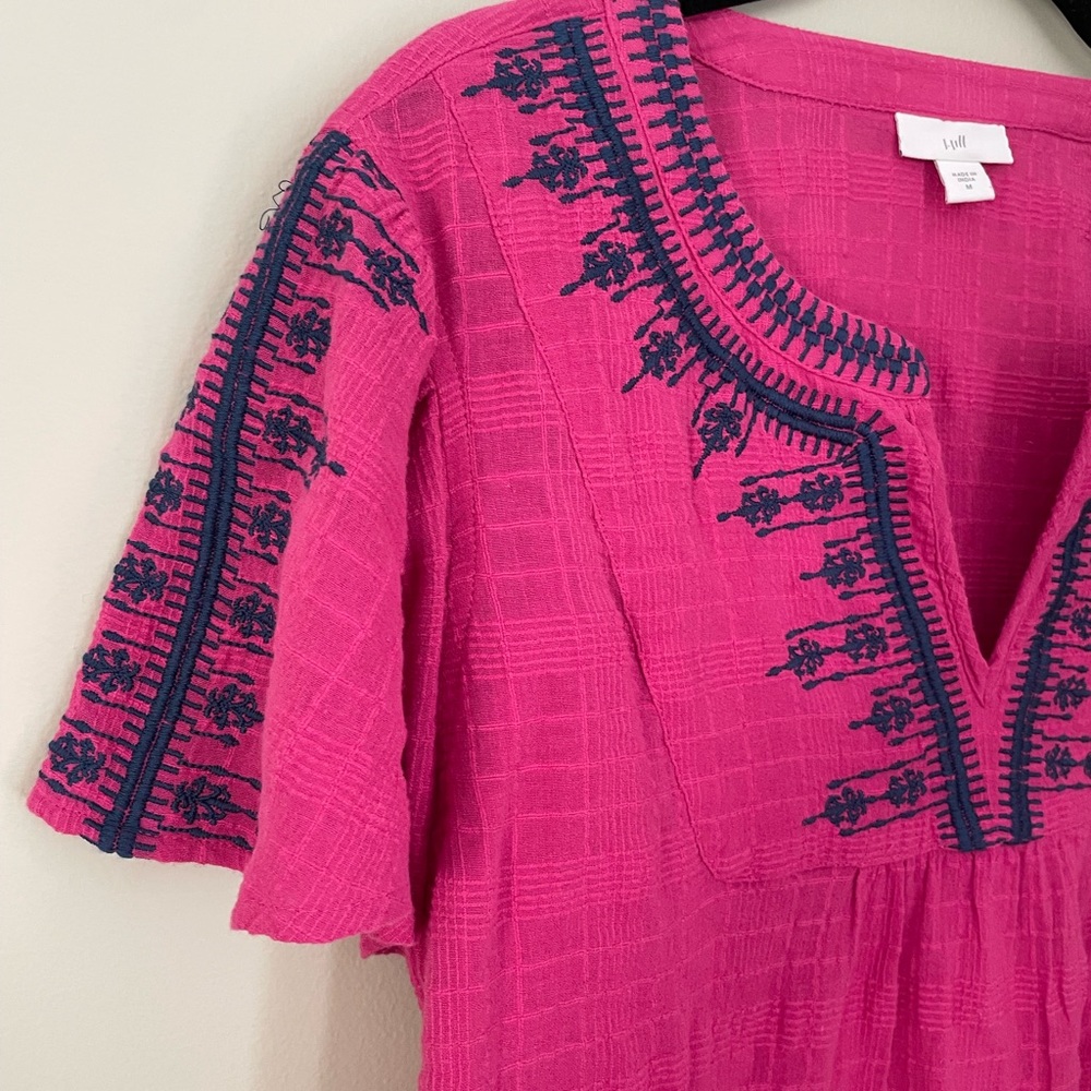J Jill size medium magenta top with navy embroidery 100% cotton flutter sleeves - Picture 4 of 5